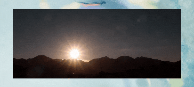 GIF of a sun setting behind a mountain range on a mint green illustrated background