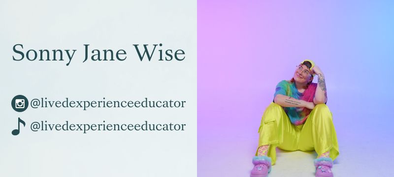 Sonny Jane Wise in colourful clothing sits looking up with text on the left