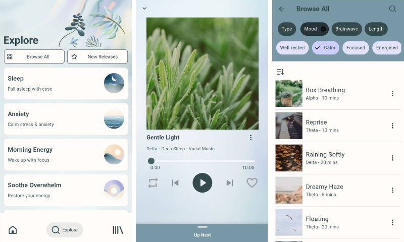 Three preview images of the Restful app that shows the Explore page with playlists; a track player page; and a Browse All list of tracks